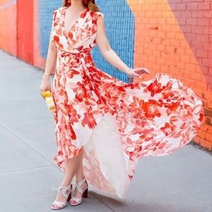 Eliza J hi lo red and white floral faux wrap sleeveless dress